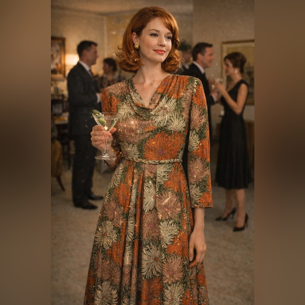 VTG 60s 70s Sak’s Fifth Ave Sparkly Mid Century Modern Midi Cocktail Dress S